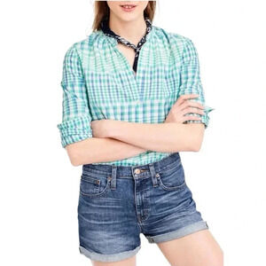 J. CREW | 100% Cotton Blue Green Gingham Popover Ikat Long Sleeve Shirt Size 10